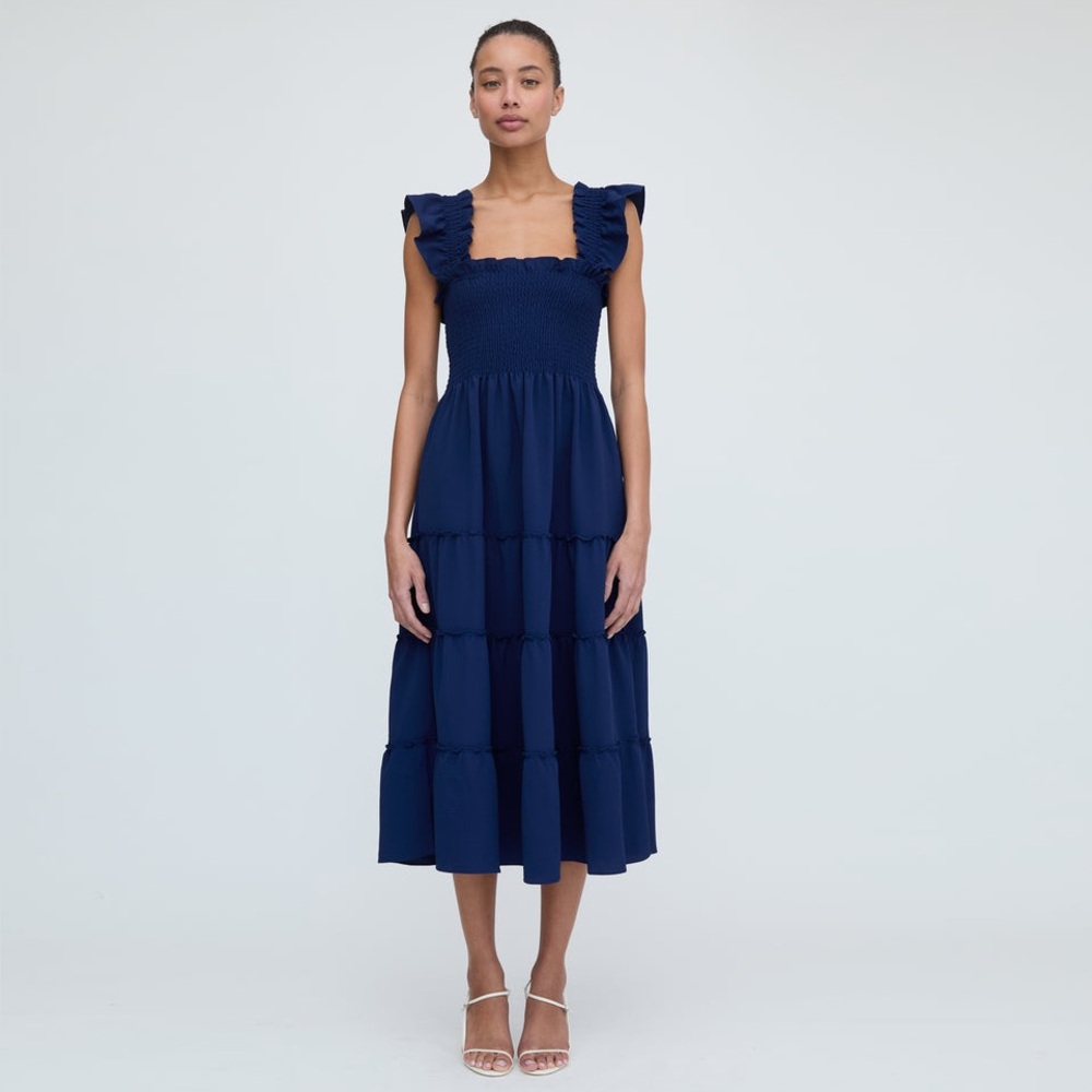Hill House The Nap Dress - Smocked Ruffle Sleeve Midi Dress - Navy